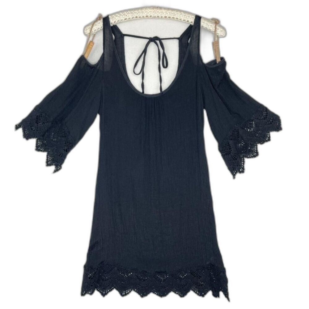 Venus Small Black Lace Trim Cold Shoulder Flare Sleeve Gauzy Vamp Tie Back Dress
